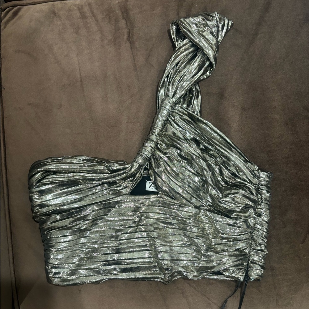 Zara Metallic Silver Ruched Top
